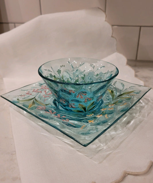 Aqua Glass Condiment Bowl and Saucer