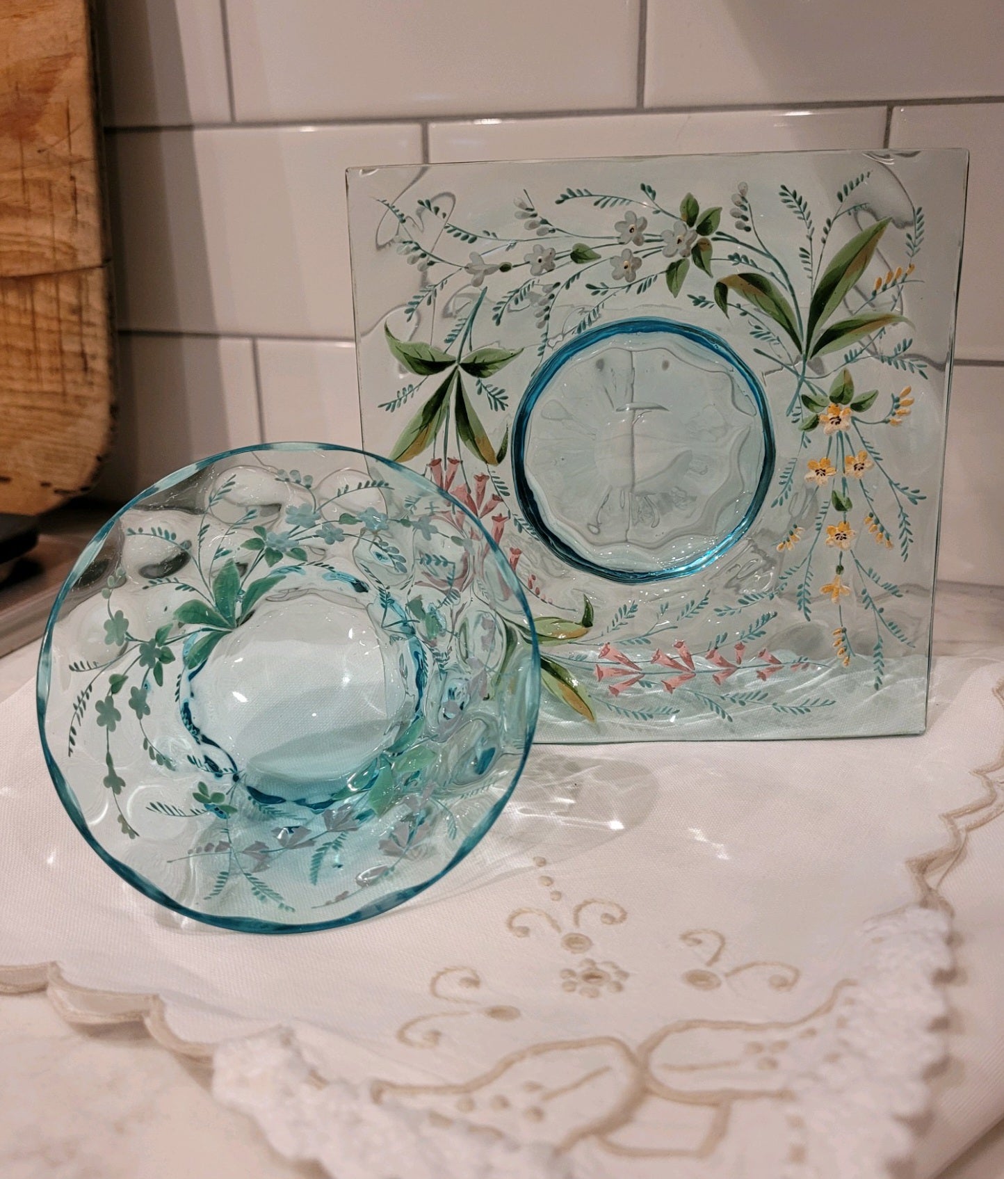 Aqua Glass Condiment Bowl and Saucer