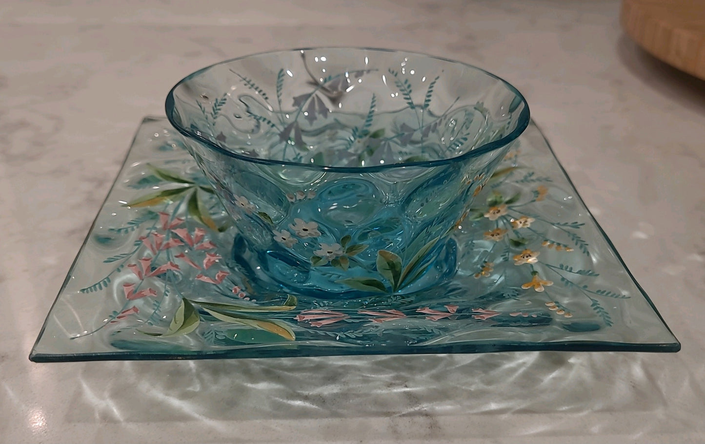 Aqua Glass Condiment Bowl and Saucer