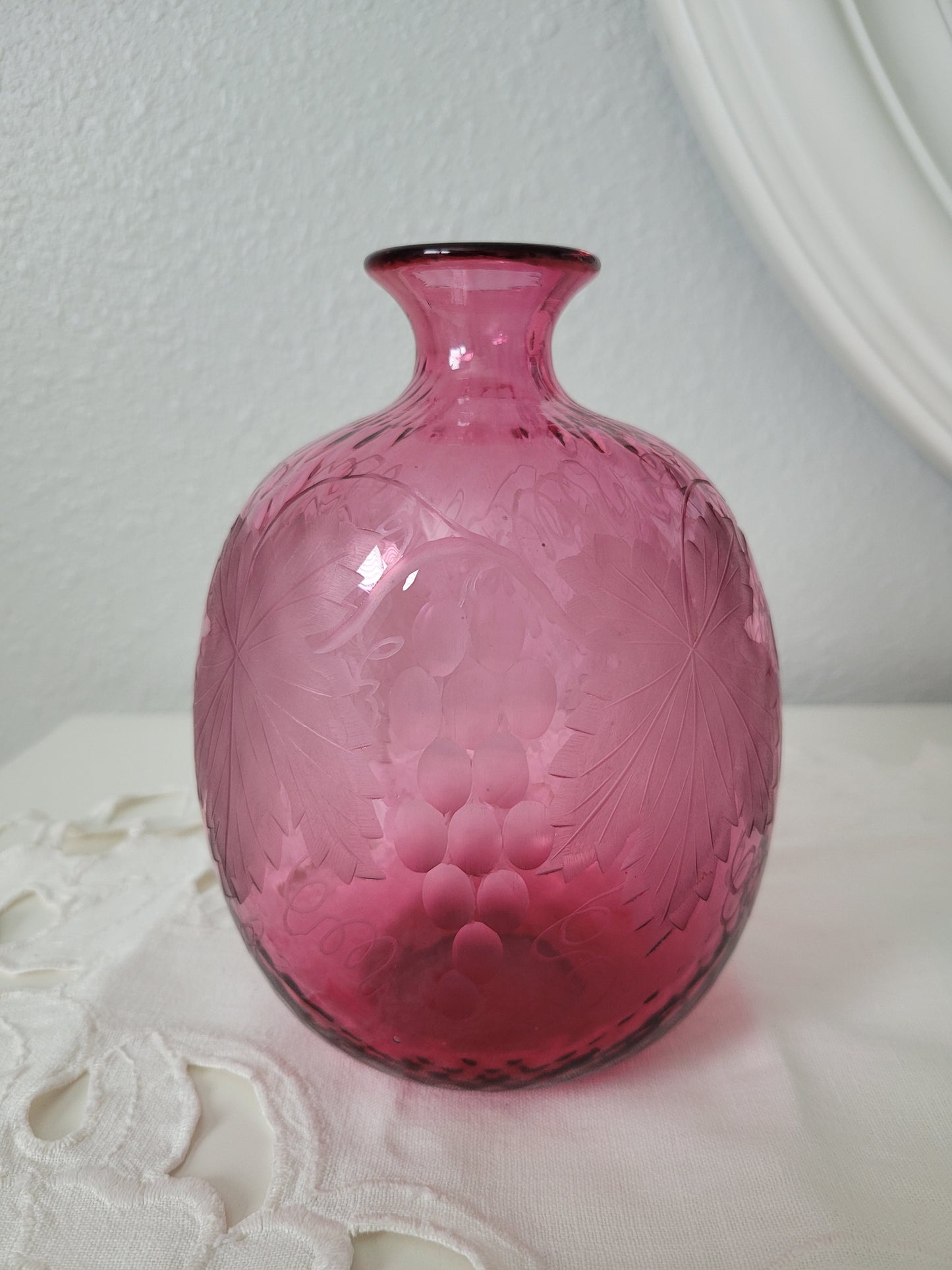 Cranberry Etched Glass Vase