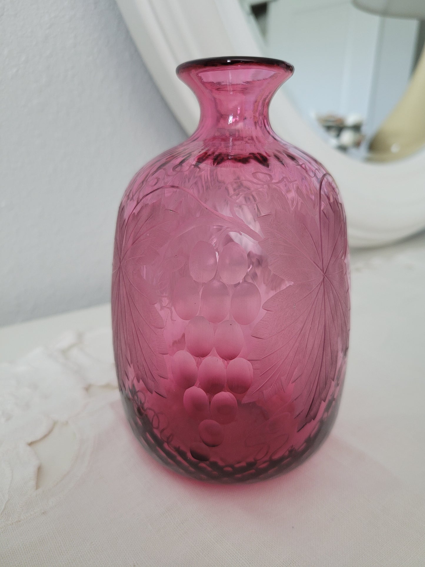 Cranberry Etched Glass Vase