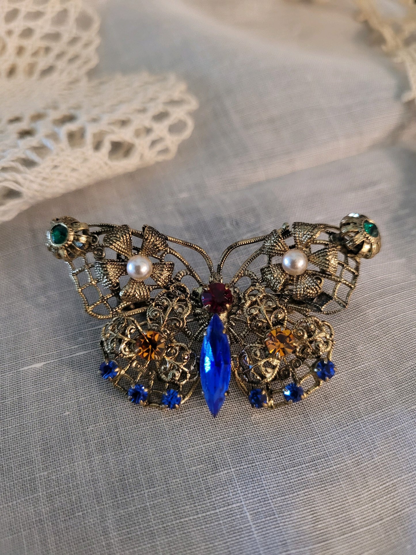 Czech Multi-Colored Stone Filigree Butterfly Brooch