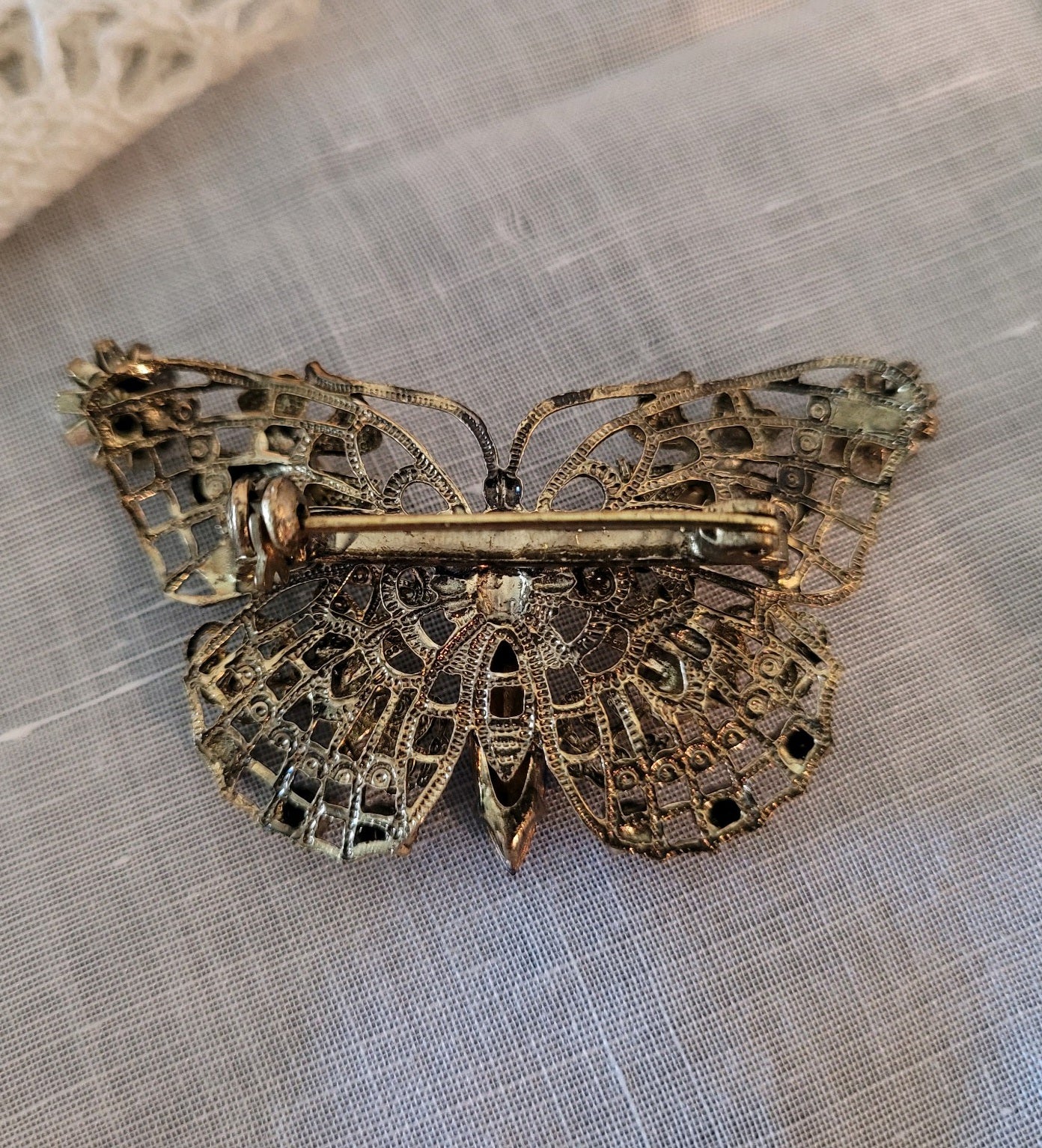 Czech Multi-Colored Stone Filigree Butterfly Brooch