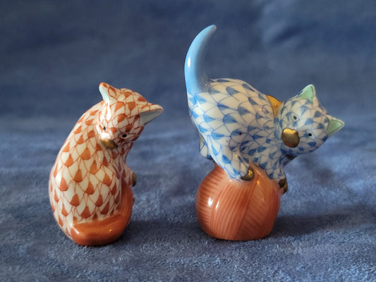 HEREND Hand Painted Fishnet Porcelain Cat Figurines