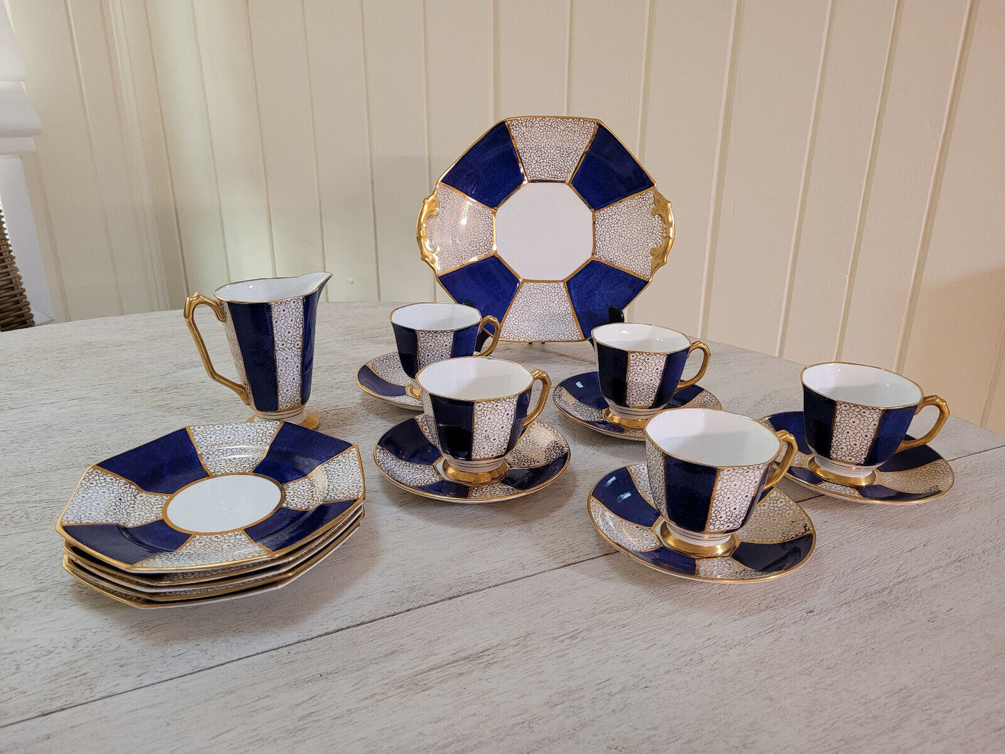 Royal Stafford Seventeen Piece Blue and White Bone China Tea Set